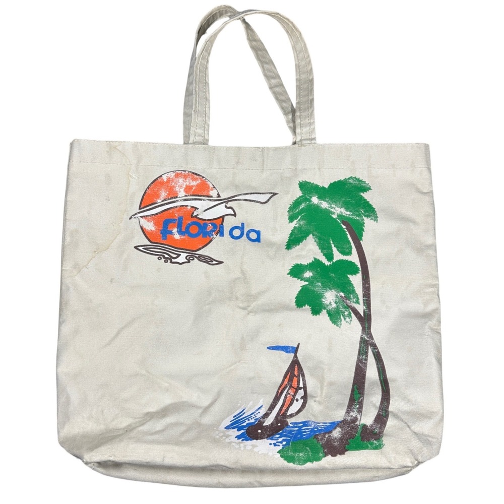 Vintage 1985 Tote Bag Florida White Heavy Duty‎ Canvas Tropical Fair